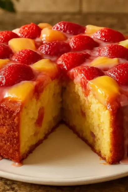 Delicious Tropical Strawberry Pineapple Pound Cake with fresh strawberries and pineapple slices.