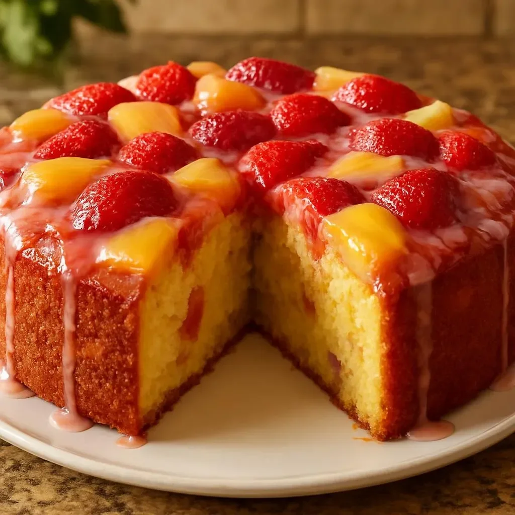 Delicious Tropical Strawberry Pineapple Pound Cake with fresh strawberries and pineapple slices.