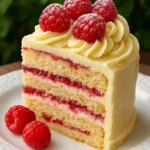 Delicious white chocolate raspberry cake decorated with fresh raspberries.