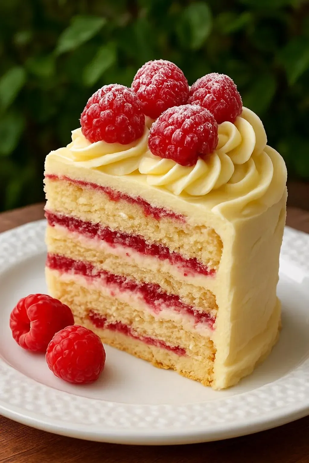 Delicious white chocolate raspberry cake decorated with fresh raspberries.